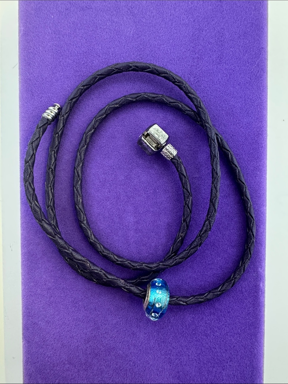 💛 Authentic Chamilia Purple Braided Leather Bracelet w/ Blue Glass Charm
